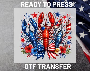 Patriotic Crawfish DTF Transfer Ready to Press, 4th of July Lobster Bow Heat Transfer, Red White Blue Southern Iron On DIY
