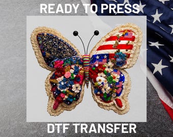 Patriotic Butterfly DTF Transfer Ready to Press, 4th of July Floral Heat Transfer, USA Flag Embroidery Style Iron On DIY