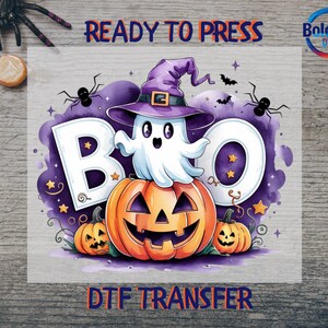 Cute Halloween Boo Ghost DTF Transfer, Witch Hat Ghost with Pumpkins Ready To Press, Purple Spooky Season Print, Pumpkin Season