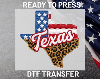 Texas DTF Transfer Ready to Press, Western Leopard USA Flag Heat Transfer, Patriotic State Embroidery Style Iron On Transfers