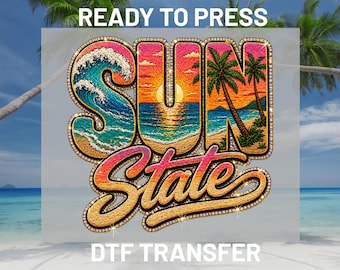 Sun State Summer DTF Transfer Ready to Press, Beach Sunset Heat Transfer, Summer Palm Tree Line Art Iron On Prints DIY