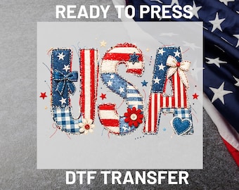 Patriotic USA DTF Transfer Ready to Press, Coquette Bow Fourth of July Heat Transfer, Western Patchwork Shirt Print, Iron On Transfers