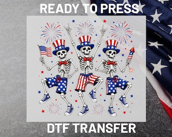 Patriotic Skeletons DTF Transfer Ready to Press, 4th of July Skeletons Heat Transfer, Red White Blue Funny Iron On DIY