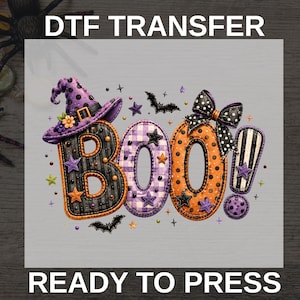 May include: A DTF transfer featuring the word BOO in large, textured letters. The B is black with orange stars and a purple witch hat, the O is purple plaid, and the second O is orange with a black and white polka dot bow. Includes bats and stars.