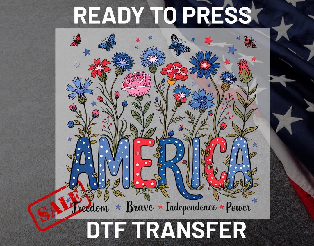 America Wildflower DTF Transfer Ready to Press, Patriotic Floral Heat ...