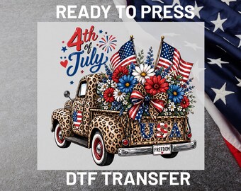 4th of July Truck DTF Transfer Ready to Press, Leopard Patriotic Flower Heat Transfer, Vintage USA Flag Iron On Transfers