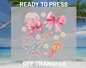 Preppy Coastal DTF Transfer Ready to Press, Cute Pink Bow Seashell Starfish Heat Transfer, Coquette Summer Iron On DIY
