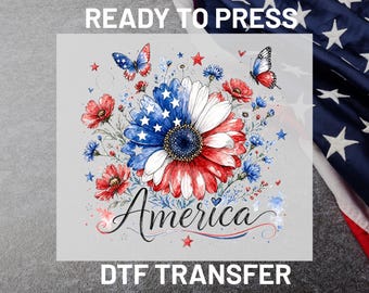 Patriotic Floral DTF Transfer Ready to Press, 4th of July Sunflower Apparel Prints, USA Flag Butterfly Summer Iron On Transfers