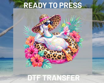 Summer Goose DTF Transfer Ready to Press, Leopard Pool Float Tropical Iron On Transfers, Beach Iron On Heat Transfers