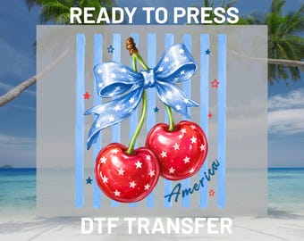 America Cherry Bow DTF Transfer Ready to Press, Patriotic Coquette Heat Transfer, 4th of July Summer Iron On Print DIY