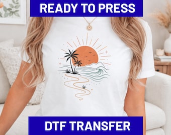 Beach Sunset DTF Transfer Ready to Press, Retro Ocean Wave Heat Transfer, Summer Palm Tree Line Art Iron On Prints DIY