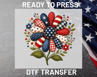 Patriotic Patchwork Flower DTF Transfer, Red White Blue Floral Ready To Press, USA Summer Sublimation Design, Iron On Transfers