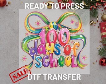 100 Days of School DTF Transfer Ready to Press, Colorful Rainbow Bow Design for Girls, School Celebration Heat Press, DIY Iron on Transfer