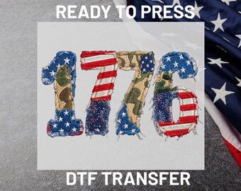 1776 Patriotic DTF Transfer, USA Patriotic Ready to Press, Distressed Camo USA Flag Heat Transfer, 4th of July Patchwork Iron On Transfers