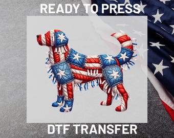 4th of July Dog DTF Transfer Ready to Press, Golden Retriever USA Flag Patriotic Quilt Sublimation, Iron On Transfers