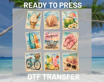 Summer Stamp DTF Transfer Ready to Press, Watercolor Beach Coastal Heat Transfer, Cute Tropical Iron On Prints for DIY