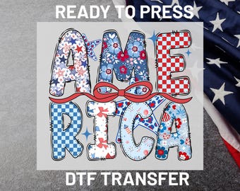 America Varsity Bow DTF Transfer Ready to Press, Patriotic Coquette Floral Letters Heat Transfer, 4th of July Iron On Transfers