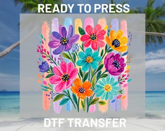 Boho Floral Brushstroke DTF Transfer Ready to Press, Cute Colorful Bouquet Heat Transfer, Summer Flower Iron On DIY