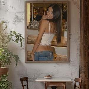 Può includere: Uno specchio incorniciato su un muro bianco strutturato riflette una persona che indossa una canotta bianca con finiture in pizzo e jeans blu. Lo specchio è circondato da una cornice di legno. Un tavolino e delle sedie sono di fronte al muro.