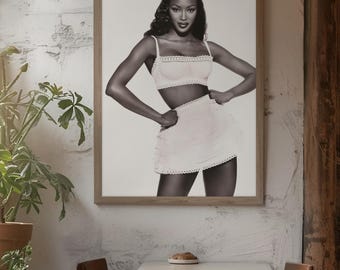 Poster in bianco e nero di Naomi Campbell / Quadro da parete con supermodella anni '90 / Stampa icona della moda / Decorazione vintage da passerella / Regalo per amanti della moda