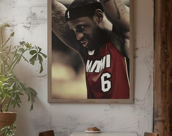 Poster di LeBron James dei Miami Heat / Quadro da parete del campione NBA n. 6 / Ritratto della leggenda del basket / Decorazione fotografica sportiva / Regalo per i fan di LeBron