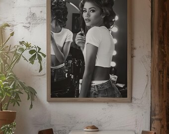 Affiche noire et blanche de Zendaya | Art mural célébrité actrice hollywoodienne | Décoration esthétique miroir glamour | Cadeau icône de la mode | Téléchargement instantané