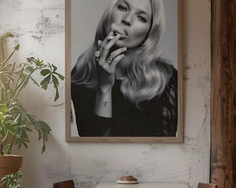 Poster con ritratto in bianco e nero di Kate Moss / Icona supermodella anni '90 / Stampa fotografica di moda / Decorazione vintage con modella / Regalo per gli amanti di Kate Moss