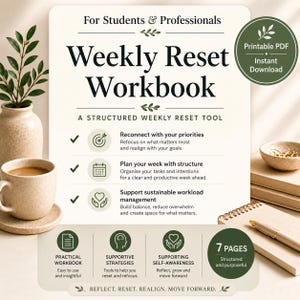 Op de afbeelding: Een Weekly Reset Workbook voor studenten en professionals. De afbeelding toont een gestructureerde wekelijkse reset tool met 7 pagina's. Ook zichtbaar zijn een kop koffie, een vaas met groen en een notitieboek.