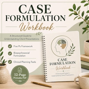 Puede incluir: Un cuaderno de trabajo Case Formulation Workbook con encuadernación en espiral, portada blanca, silueta de perfil de cabeza con piezas de rompecabezas, texto verde y una insignia de 12-page printable PDF. Incluye el marco de los cinco P.