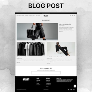 Fashion blog page design for Shopify clothing store with editorial layout and modern minimalist style