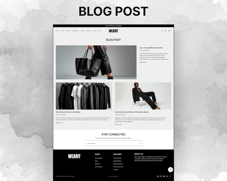 Fashion blog page design for Shopify clothing store with editorial layout and modern minimalist style
