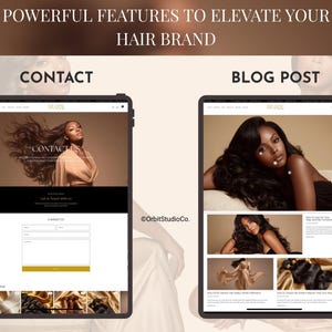 Contact page and blog page design for hair business Shopify website template showing premium beauty brand layout