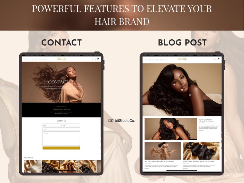 Contact page and blog page design for hair business Shopify website template showing premium beauty brand layout