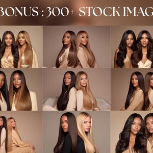 Bonus hair model stock photos showing multiple women with long straight and wavy hairstyles for wig and hair brand marketing