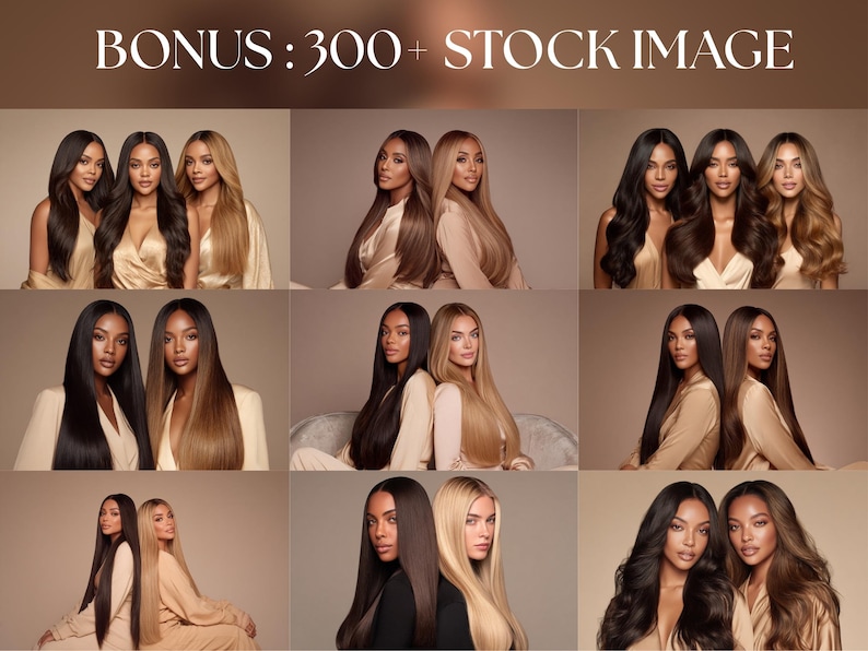 Bonus hair model stock photos showing multiple women with long straight and wavy hairstyles for wig and hair brand marketing