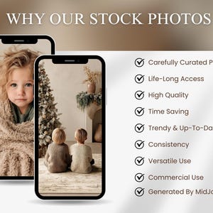 “Why our stock photos informational mockup showing cozy neutral Christmas images with kids by tree and checklist of features like high quality and commercial use.”