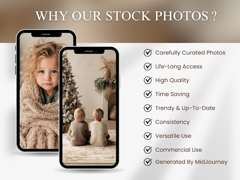 “Why our stock photos informational mockup showing cozy neutral Christmas images with kids by tree and checklist of features like high quality and commercial use.”
