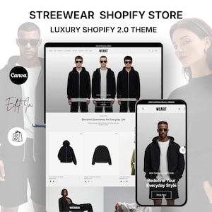 Könnte beinhalten: Webdesign für einen Streetwear Shopify-Shop. Gezeigt werden schwarze Kapuzenjacken mit Reißverschluss und der Text "Redefine Your Everyday Style". Das Design umfasst einen Laptop- und Smartphone-Mockup.
