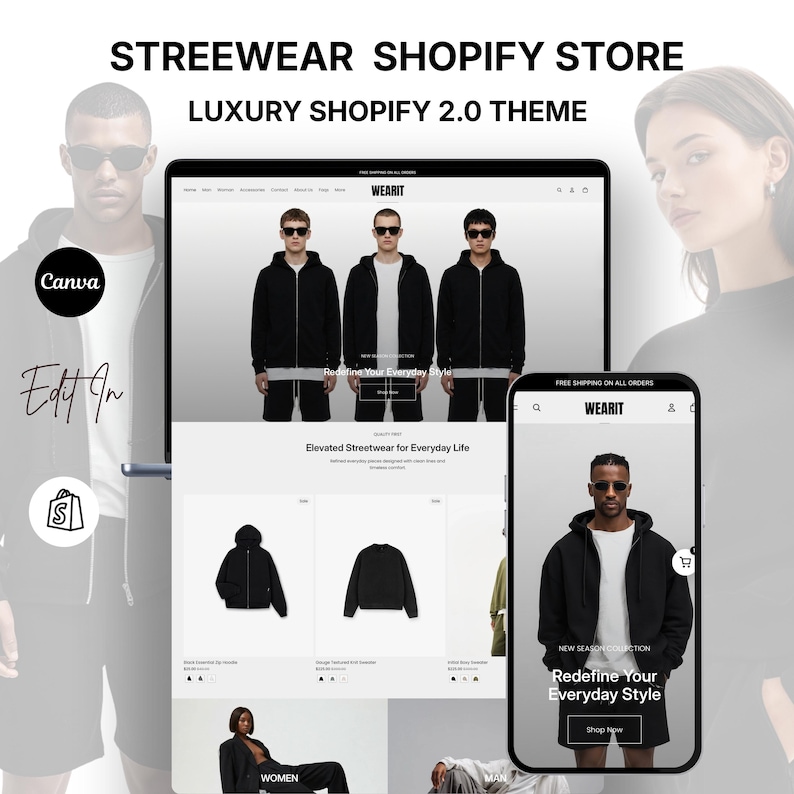 Luxury streetwear Shopify store homepage preview with clean minimal fashion design, modern clothing website theme
