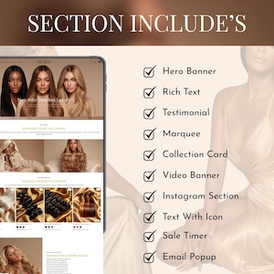 Shopify hair store theme sections included preview showing hero banner, collections, testimonials, video banner and Instagram section
