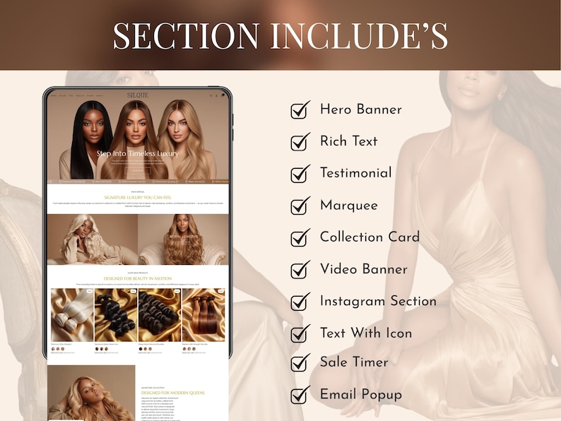 Shopify hair store theme sections included preview showing hero banner, collections, testimonials, video banner and Instagram section