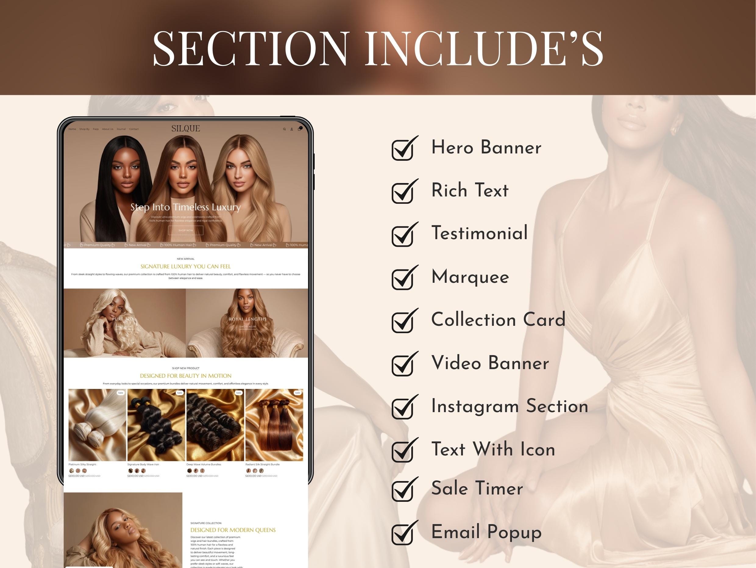 Luxury Hair Shopify Theme, Beige Wigs & Extension Hair Store Website ...