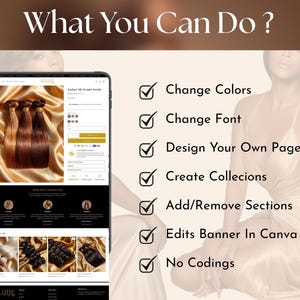 Editable Shopify hair website template showing customization options like changing colors, fonts, sections and Canva banner editing