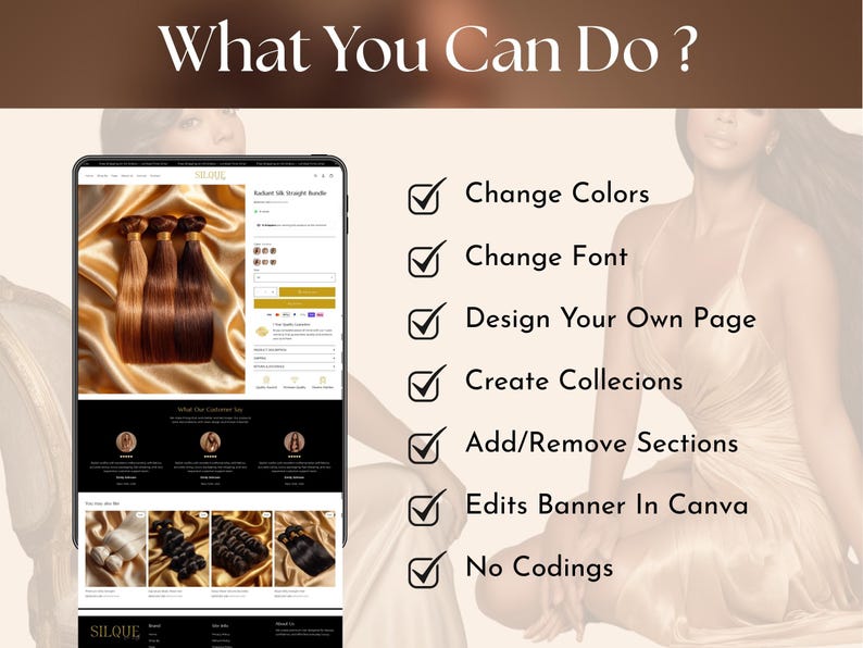 Editable Shopify hair website template showing customization options like changing colors, fonts, sections and Canva banner editing