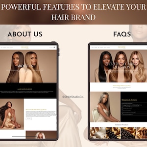 About us and FAQ pages preview for luxury hair Shopify website template with wig and hair extension brand design