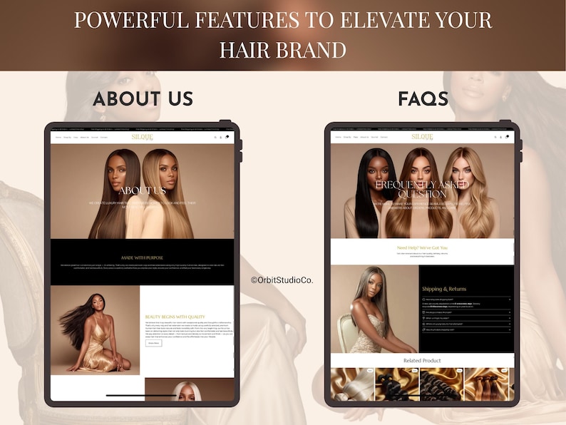 About us and FAQ pages preview for luxury hair Shopify website template with wig and hair extension brand design