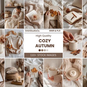 Puede incluir: Un collage de imágenes con un tema otoñal acogedor. Las imágenes presentan tonos neutros, incluyendo crema, beige y marrón. Los elementos incluyen libros, calabazas, velas, suéteres y tazas. El texto "COZY AUTUMN" se muestra en el centro, junto con "110+ STOCK IMAGES".