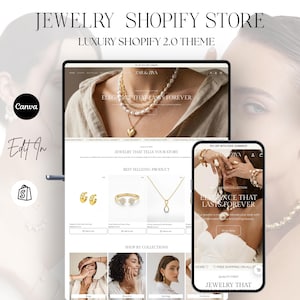Könnte beinhalten: Eine Schmuck-Shopify-Store-Website, die auf einem Laptop und Smartphone angezeigt wird. Die Website präsentiert Halsketten, Ohrringe und Armbänder. Der Text auf der Website lautet "Elegance That Lasts Forever" und "Jewelry That Tells Your Story."