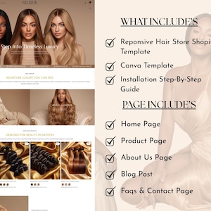 Hair Shopify theme pages included showing homepage, product page, about us, blog, FAQs and contact page layouts