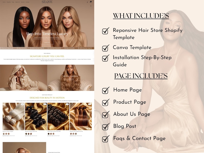 Hair Shopify theme pages included showing homepage, product page, about us, blog, FAQs and contact page layouts